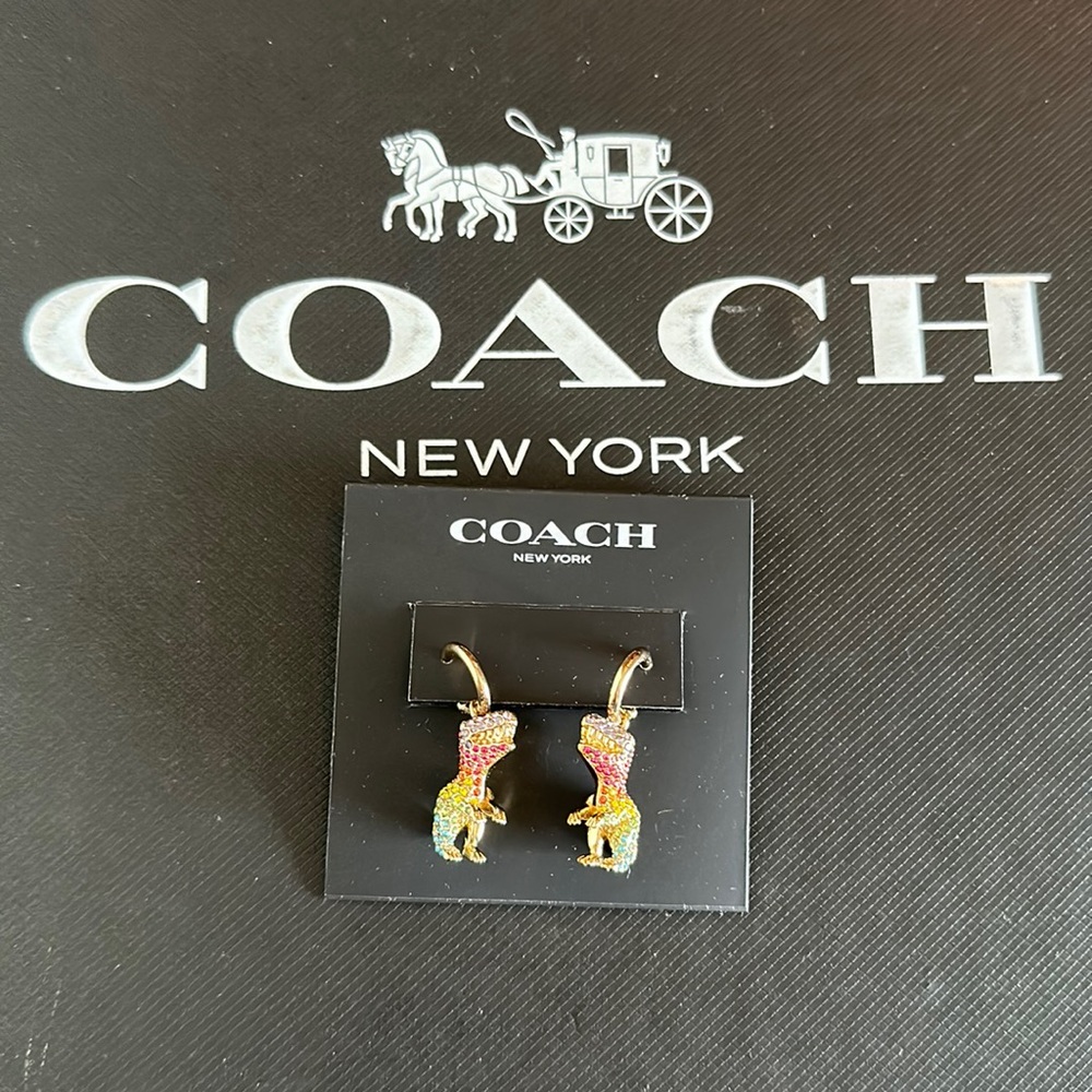 NWT Coach Pavé Rexy Huggie Earrings Dinosaur Crystal Rainbow Hanging Hoop Post - Picture 5 of 9